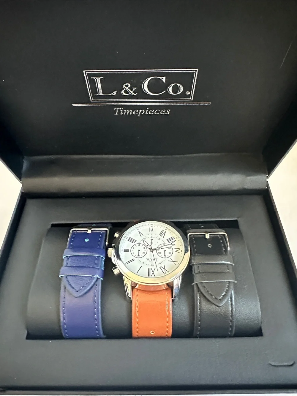 L & Co. Timepieces, Men's Black Watch Gift Box, featuring 3 band options